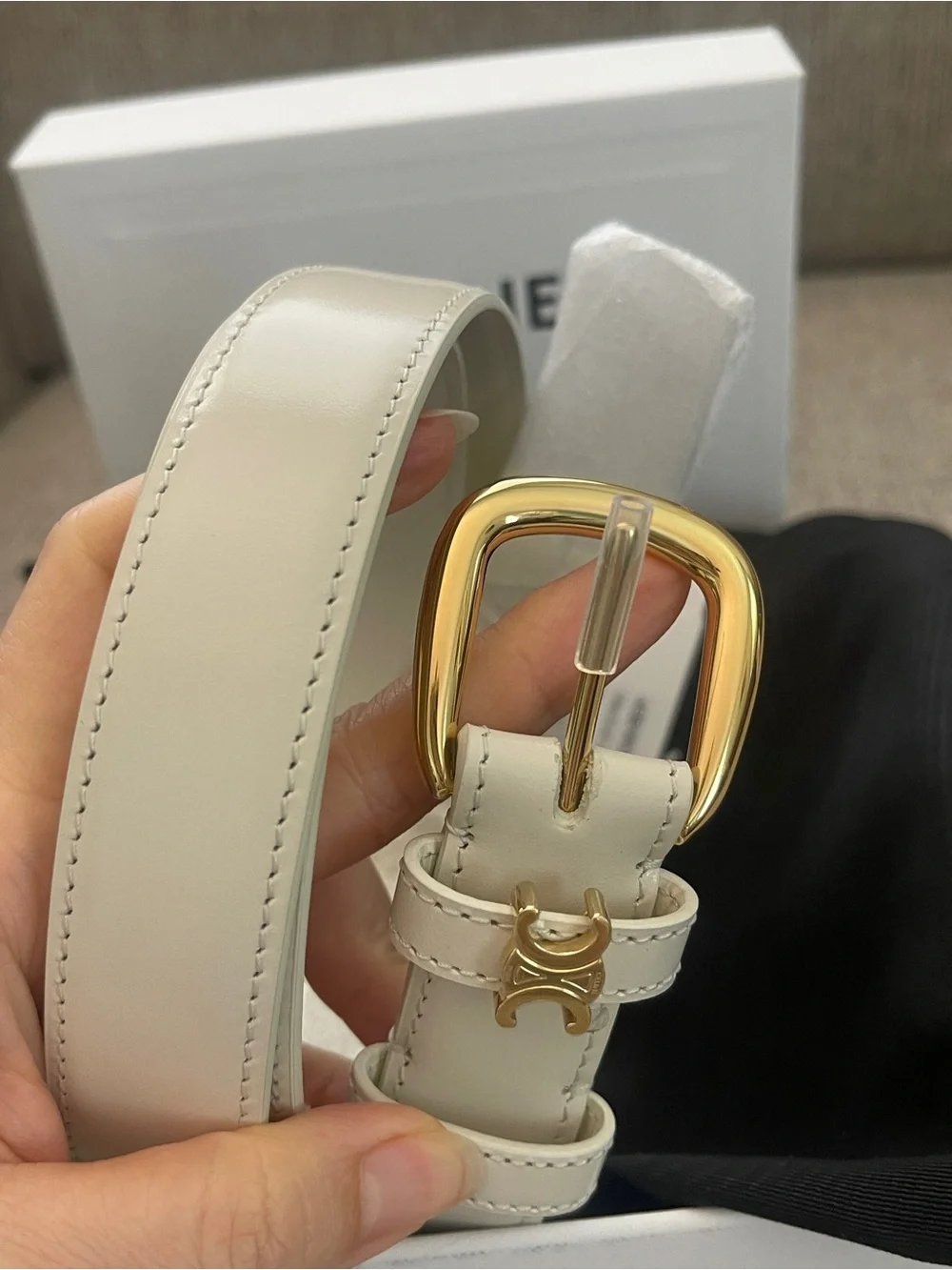 Celine Vivienne White Leather Belt with Gold Buckle and Triomphe Accent size 85